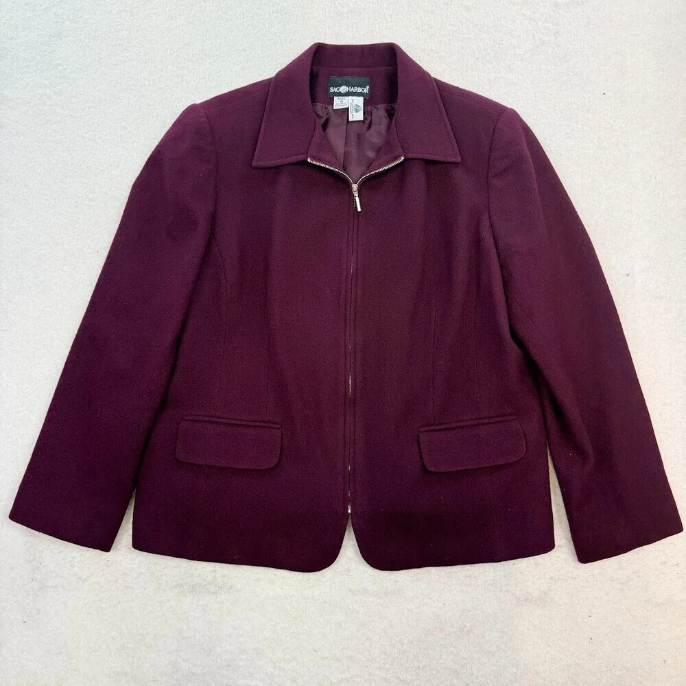 Sag Harbor Retro Women's Burgundy 100% Woo Full Zip-Up Blazer Jacket Size 16